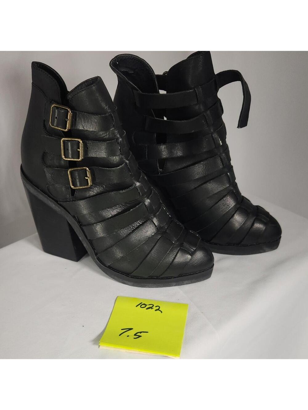 Nyla Women’s Black Leather Strappy Buckle Ankle Bootie Boots Pointed Toe 7.5